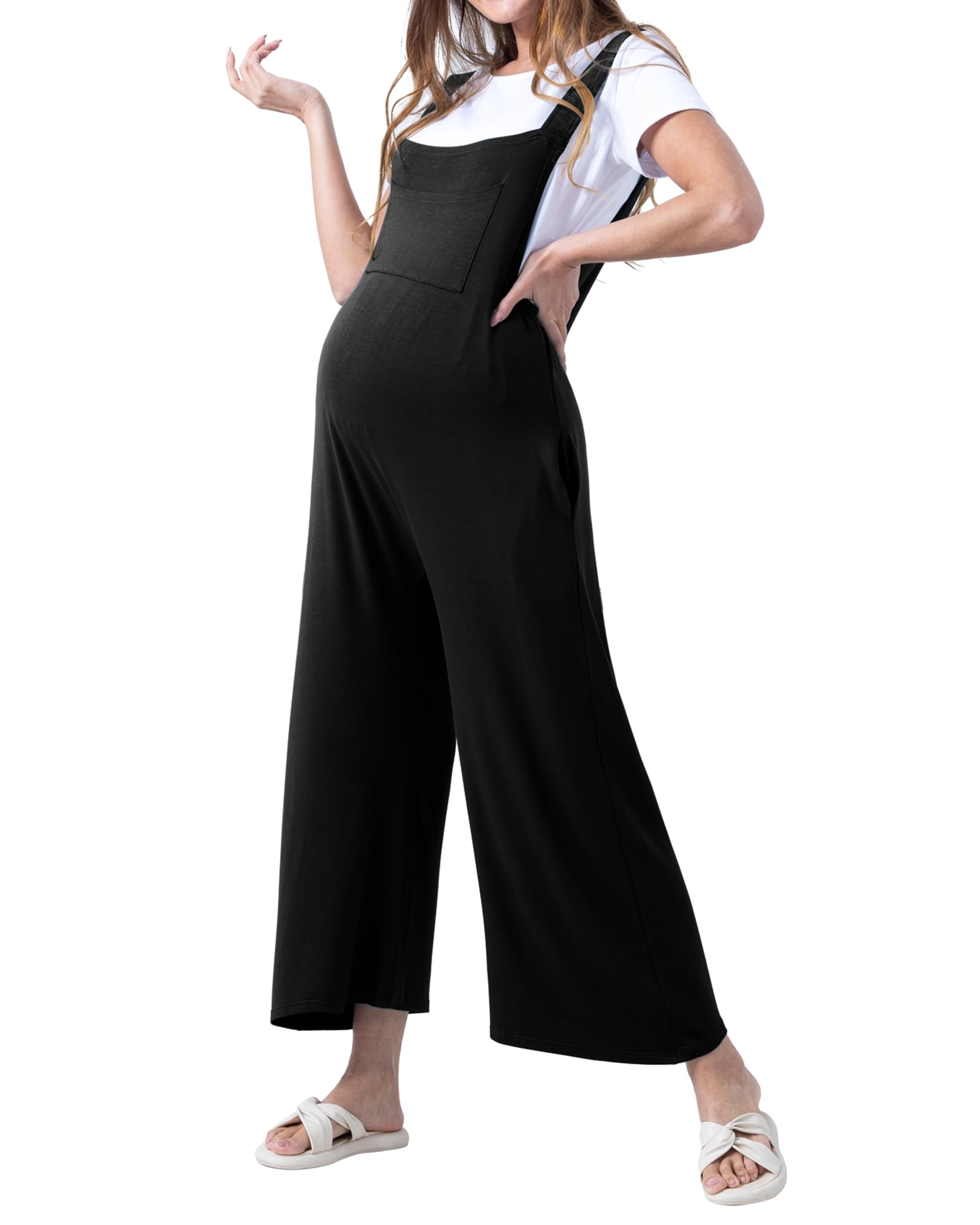 Rnxrbb Women Straps Adjustable Maternity Overalls Pants Wide Leg Loose Casual Pregnancy Jumpsuit Clothes with Pockets