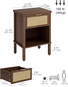 Rattan Bedside Table, Side Table with Open Storage Shelf, Walnut