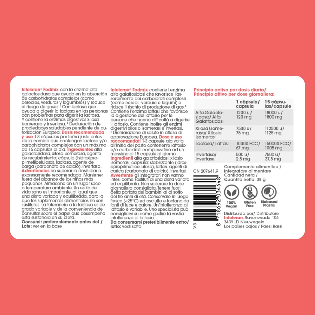 Intoleran Fodmix (Quatrase 10.000) Enzimas Digestivas - 108 cápsulas | Mezcla de enzimas altamente dosificada para FODMAP's | Ayuda en la digestión de Lactosa y Carbohidratos complejos*| Vegano