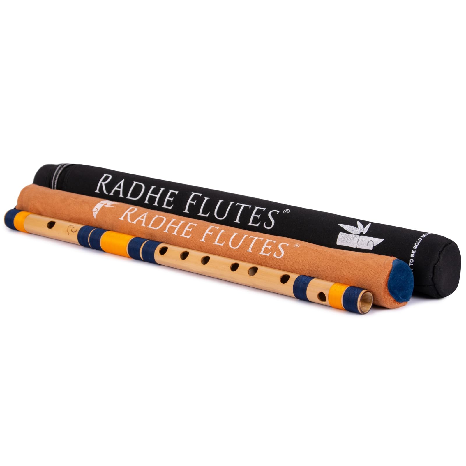 Radhe Flutes Professionelles Bambus-Bansuri, C Natur, Rechtshänder, mittlere Oktave, mit festem Einband, Samtbezug und Papierröhre, Dunkelblau und Orange