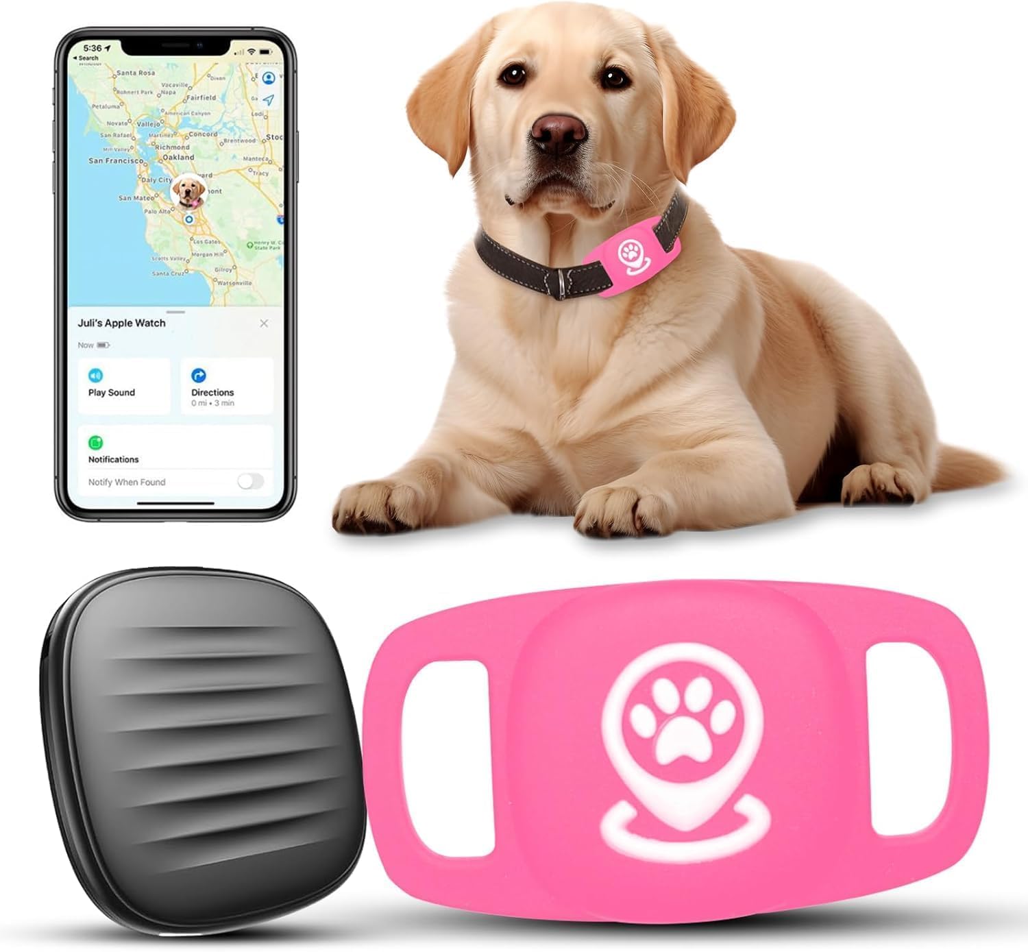 Pet Tracker for Dog, Dog Tracker Smart Pet Location Tracker with Holder, Smart Item Finder, MFi Certificated, Dog Tracking Device, No Monthly Fee, Works with Find My, iOS Only - Pink Case