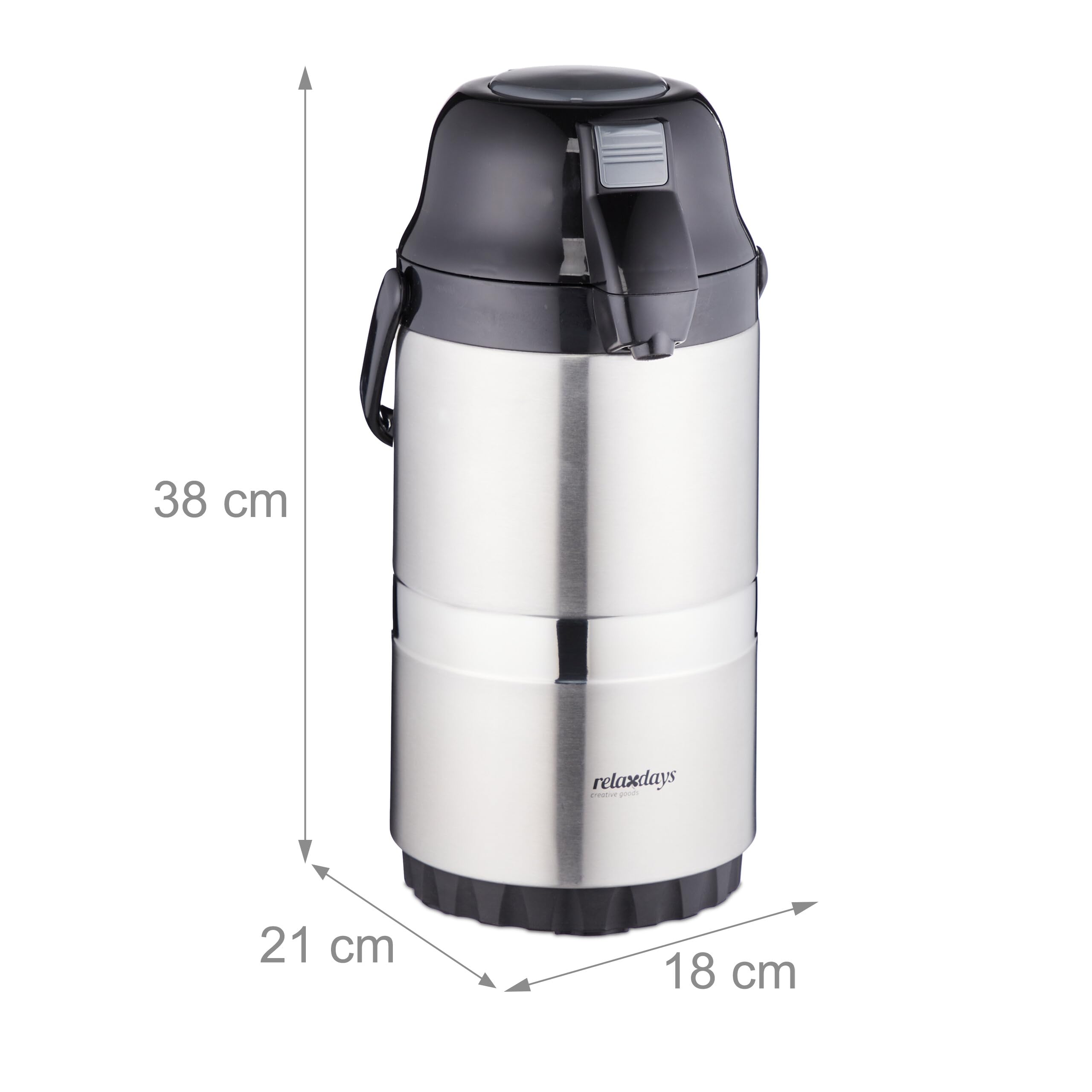 Relaxdays Termo para Café con Dispensador de 2,2 L, Tapa con Bomba y Pulsador, Oficina, Gastronomía, Plateado y Negro