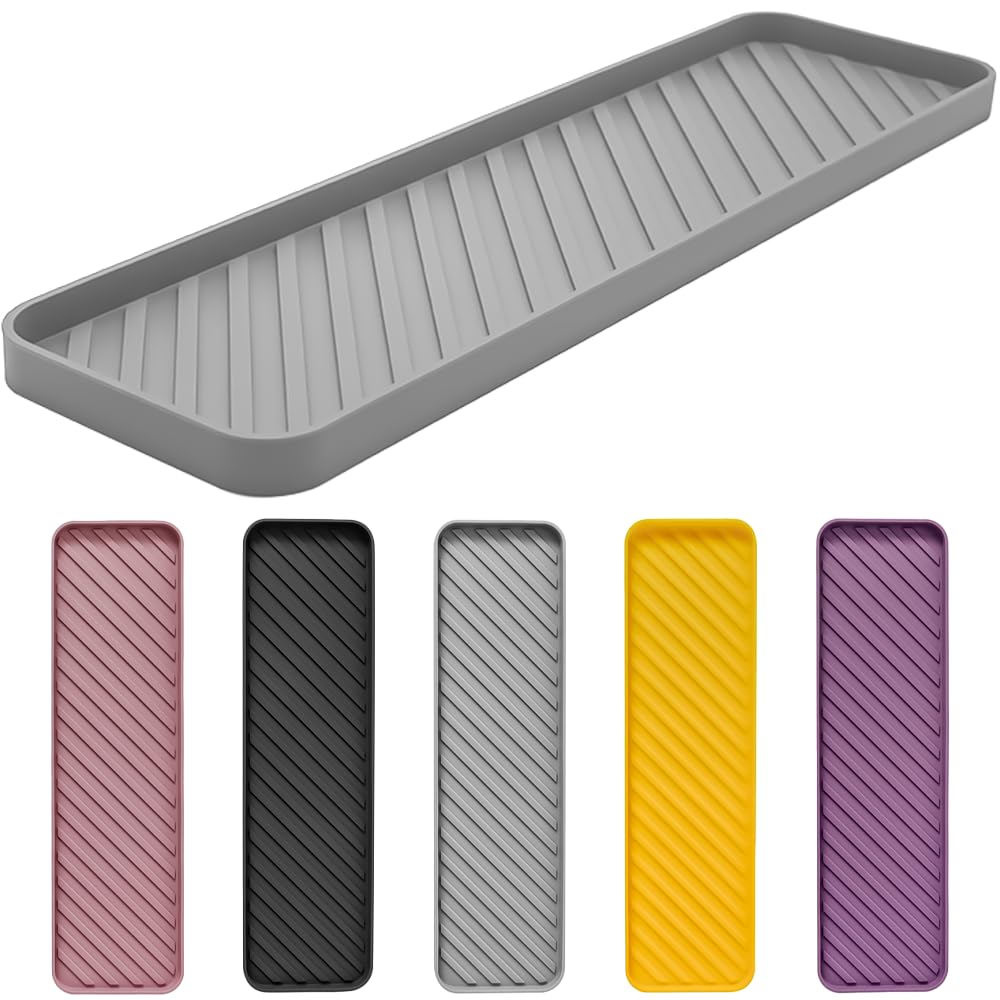 HvOvMvE Silicone Organizer Tray for Kitchen Sinks and Bathrooms. Dishwasher-Safe, Non-Slip Countertop Tray, Bathroom Drawer Organizer Trays. Perfect for Makeup & Trinkets (Gray L 1PC)