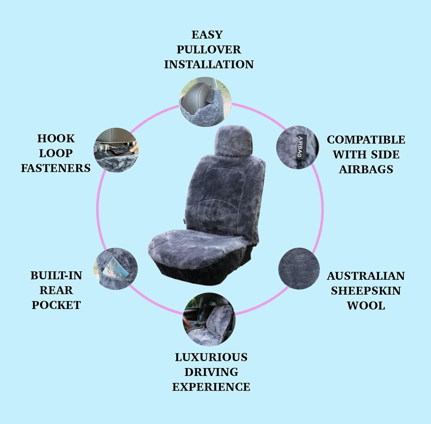 Genuine Sheepskin Seat Cover Lambskin Seat Cover Winter Car Seat Cover Lambs Wool Sheep Skin Fuzzy Shearling Car Accessories with Curve Patten (Gray with bit of Bluish Tint)