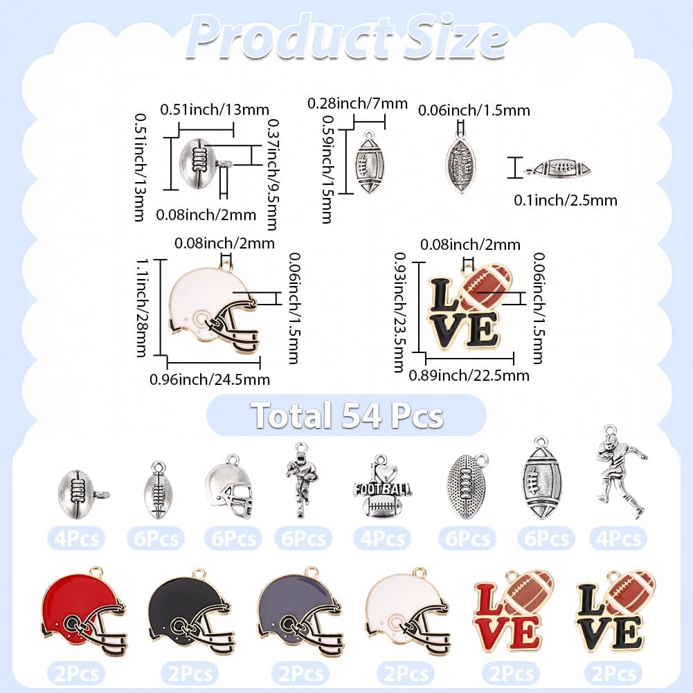 SUNNYCLUE 52Pcs 14 Styles Silver Rugby Charms Sports Bracelet Charms Colorful Metal Baseball Football Helmet Heart Human Enamel Alloy Small Pendants for Jewelry Making Necklaces Bracelets DIY Crafts - Image 2