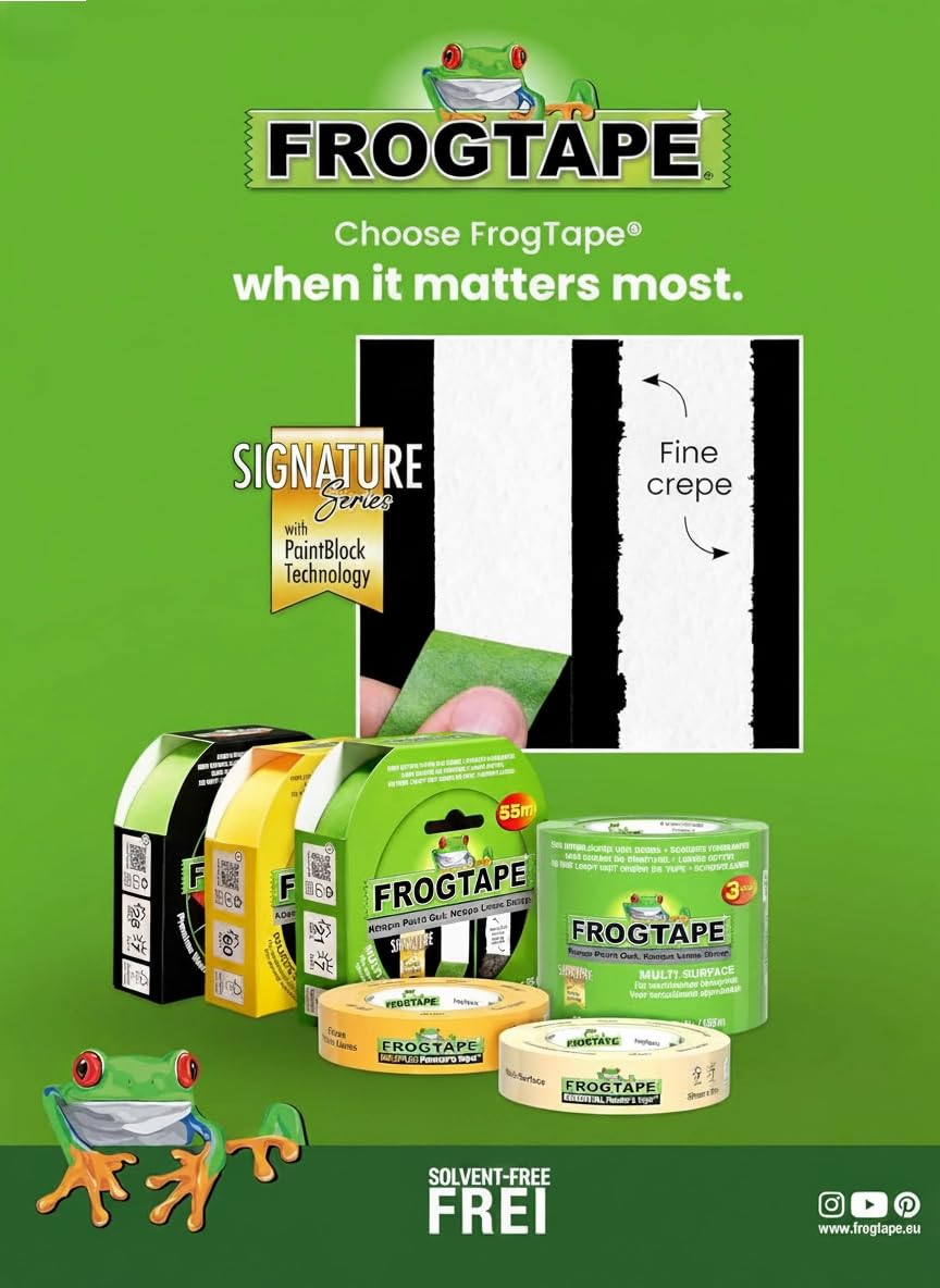 Frog Tape Multi Surface Cinta de Carrocero Verde, Tecnología PaintBlock, Cinta de Pintor para Madera Cristal y Metal, Bordes Muy Nítidos, Retirada Sin Residuos, Multisuperficie, 24mm x 55m Pack 3