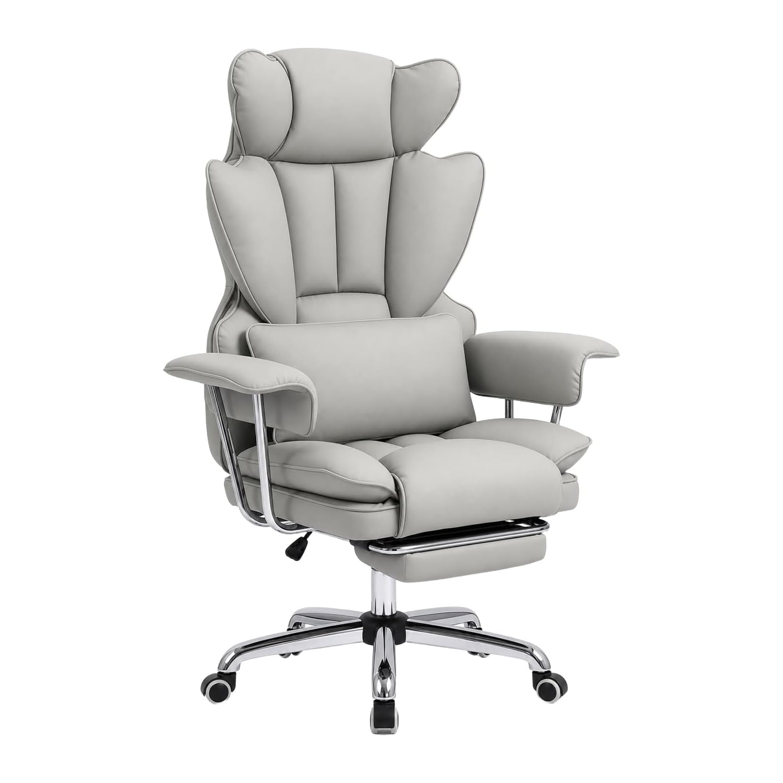 Ergonomischer Chefsessel Bürostuhl Gaming Stuhl Hochlehner mit Fußstütze & verstellb. Lendenstütze, 200 kg belastbar, Extra breiter Sitz, 90°–135° Rückenlehne, Polsterung, Modern Büro/Homeoffice, Grau