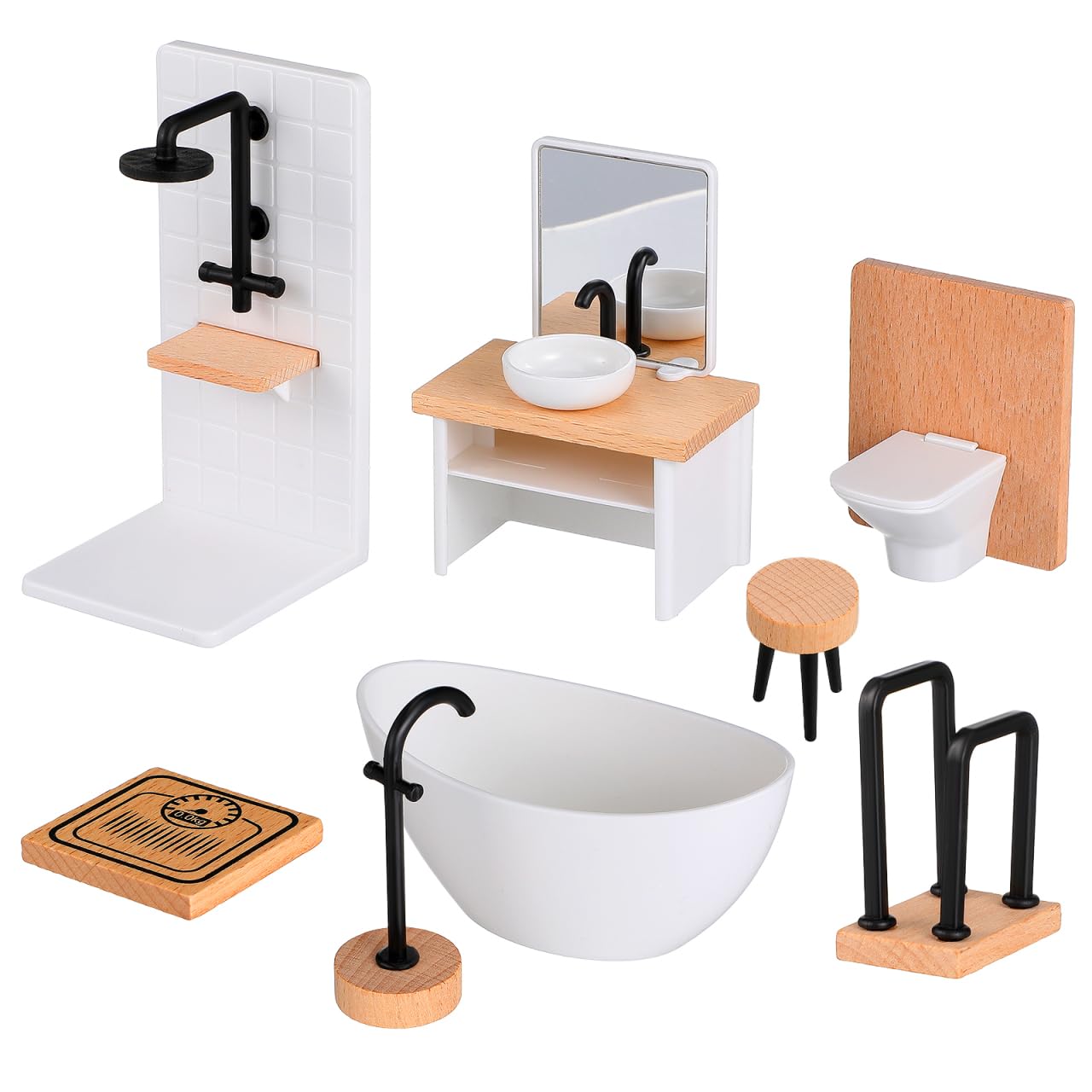 Toyvian 8Pcs Dollhouse Bathroom Set 1 12 Scale Miniature Bathroom Furniture with Bathtub Toilet Sink Wooden Cabinet Realistic Dollhouse Accessories