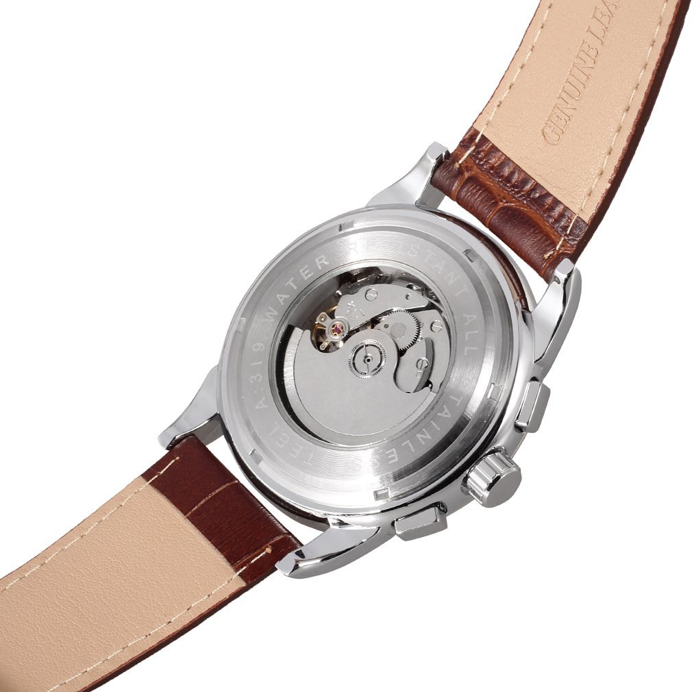 Forsining Orologio da polso da uomo con movimento analogico autoricaricante, fase lunare, design unico, con cinturino in pelle