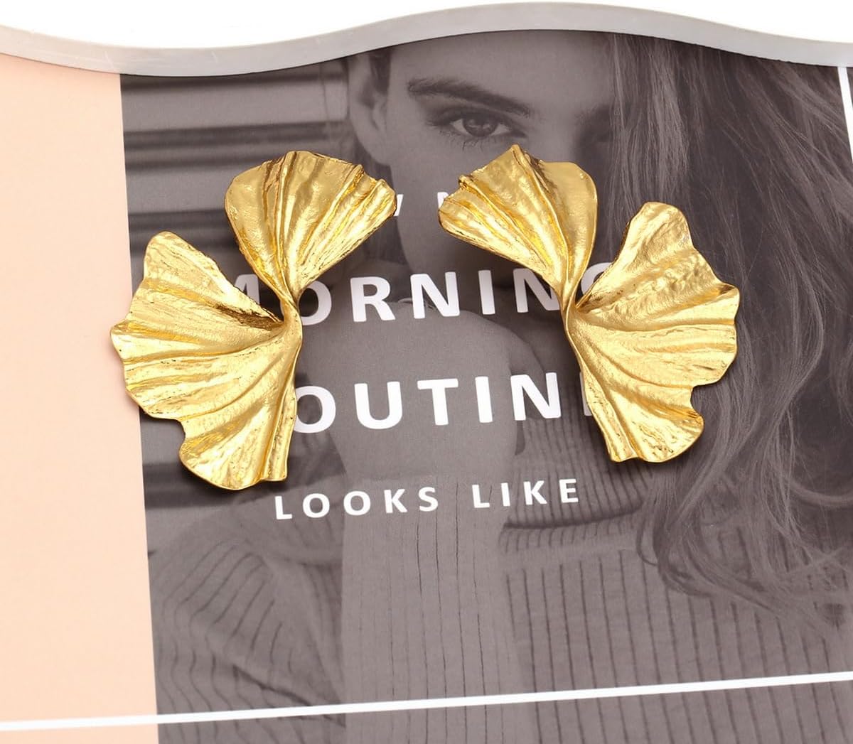 Chunky Gold Texture Big Flower Stud Earring for Women Large Floral Earrings Chic Petals Leaf Shell Angel Wings Earrings Statement Stylish Pretty Jewelry Beachy Vacation Metal Boho Jewelry - Image 7