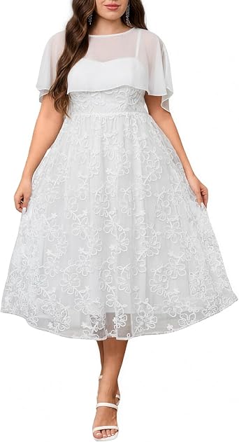 EYWOL Womens Plus Size Long Overlay Cape Dress with Chiffon Mother Bride Semi Formal Lace Long Mermaid Dress