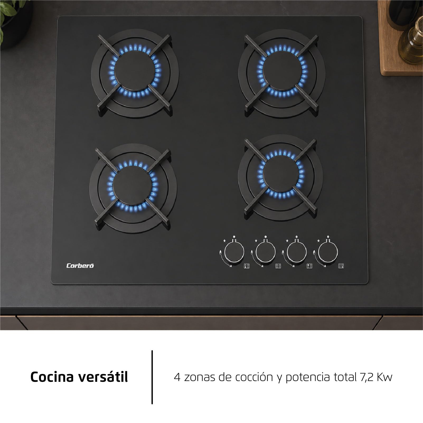 Żeliwo - szklana płyta gazowa 60 cm | CPG406N | 7,2 kW | 4 strefy | sterowanie boczne | żeliwny grill | bezramowy | zestaw do konwersji | zawór bezpieczeństwa i automatyczne wyłączanie | czarny