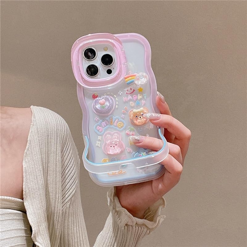 Image of COVERLY 3D Cute Creative Bear Flower Cartoon Rabbit Star Floral Decor Wave Curly Edge Invisible Double Phone Stand Holder Hard Happy Smile Cover Girly Charm Case for Apple iPhone 17 (Pastel Pink)