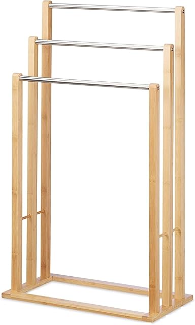 Towel Holder Freestanding with 3 Towel Rail, Towel Stand for Bathroom, Wood, Stainless Steel, HWD: 84 x 46 x 24 cm, Natural Free Standing
