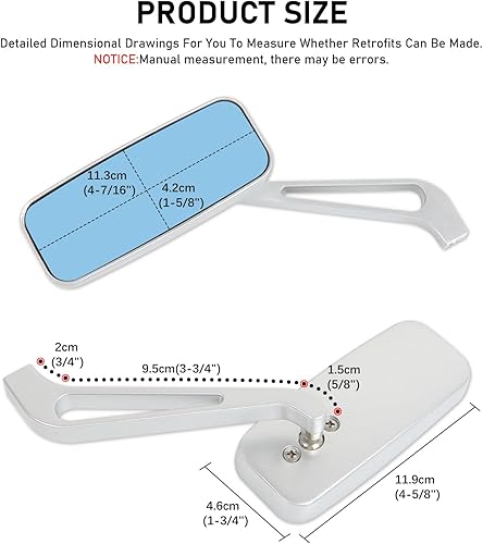 Miniatura 5 de Espejos laterales rectangulares plateados de 0.315 in0.394 in para motocicleta Cruiser Chopper, Honda, Kawasaki, Suzuki, Yamaha (plateado con