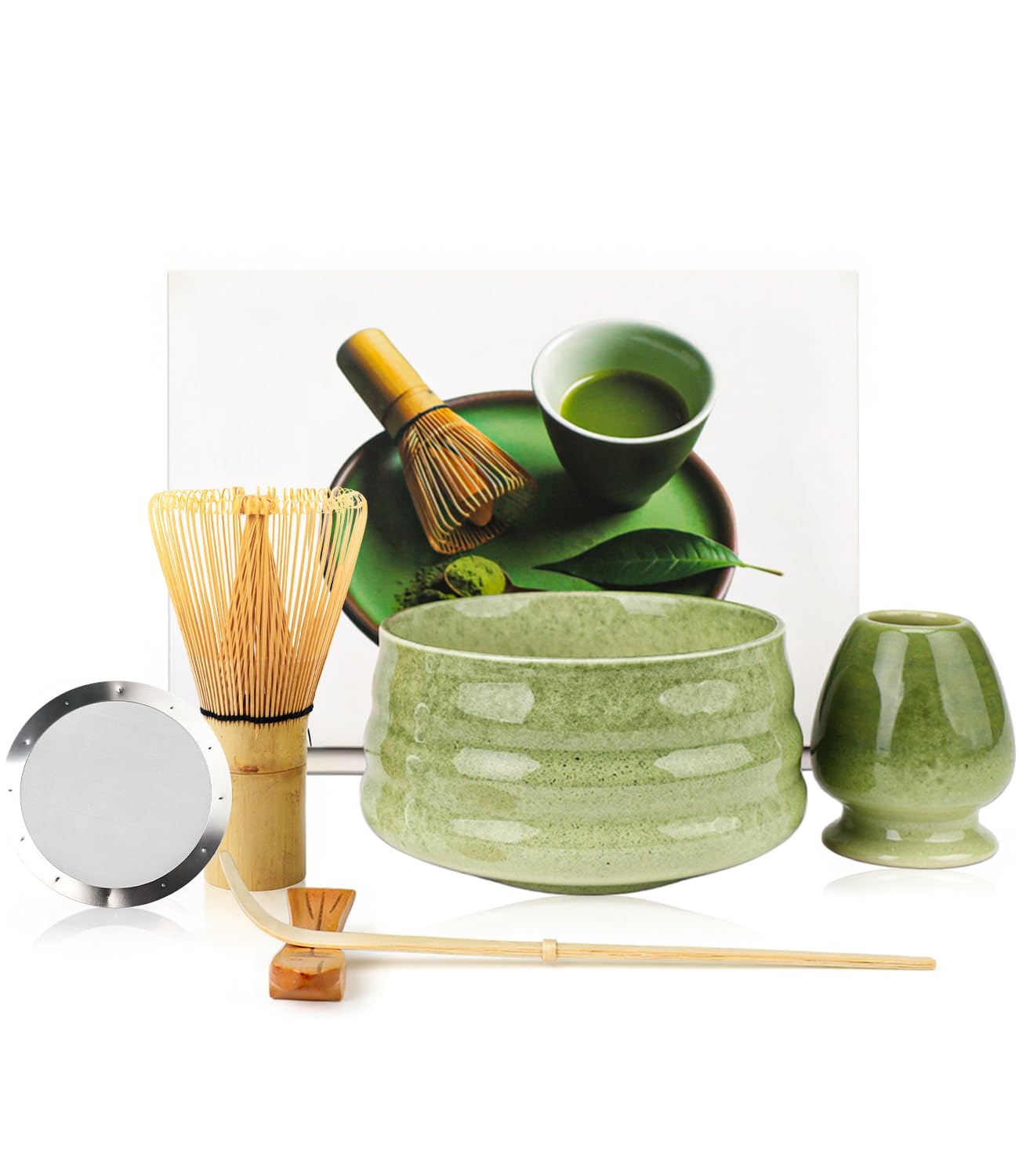 Matcha-Set – Japanisches Matcha-Set 5 Stück mit Besen, Schüssel, Löffelhalter und Sieb – Grün, Japanisch, Töpfer, 5 Stück