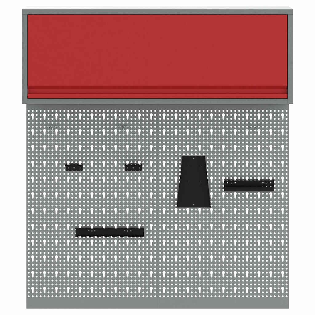 Juego de 3 armarios de herramientas de acero con recubrimiento de polvo rojo, montaje en pared con estantes metálicos y placas perforadas para taller, garaje, espacio de hobby, orden y