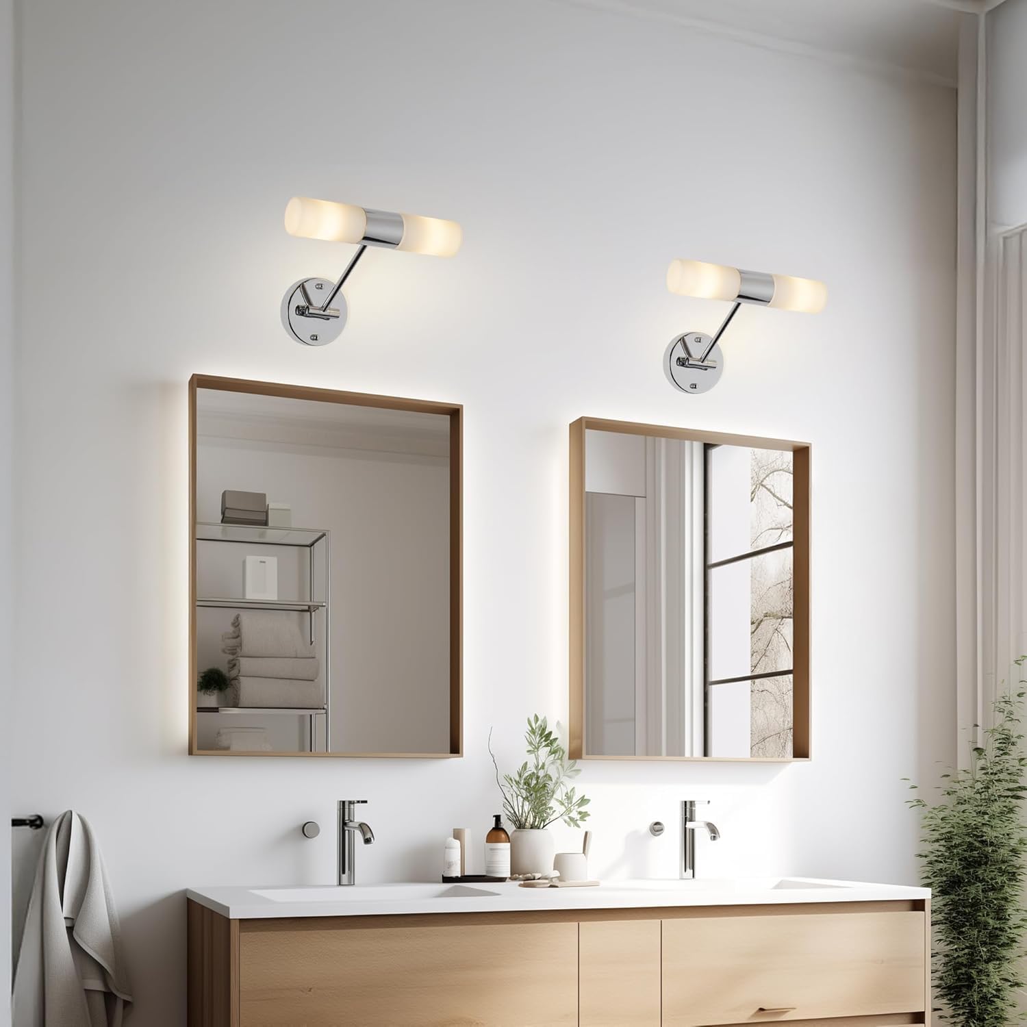 Alpinaluz Applique da Parete 2×E14 Vetro Metallo Cromato IP44 Doppia Luce | Braccio girevole per orientare le due luci in orizzontale o verticale: bagno, specchio, toeletta, corridoio, camera