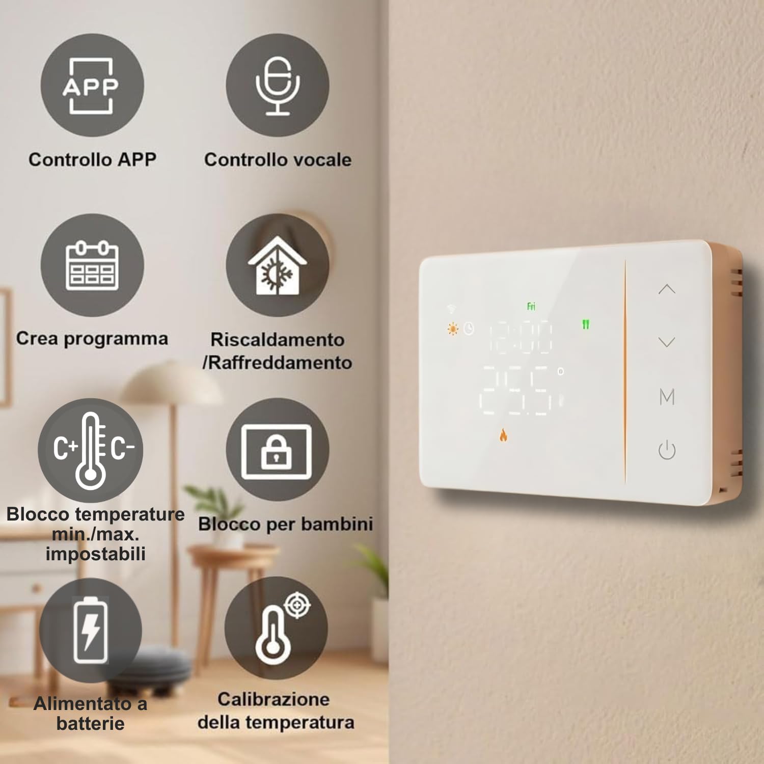 domyno Termostato WiFi a batterie per caldaia, controllo smartphone app alexa google cronotermostato intelligente da parete scatola 503, 502 programmazione settimanale e manuale (bianco)