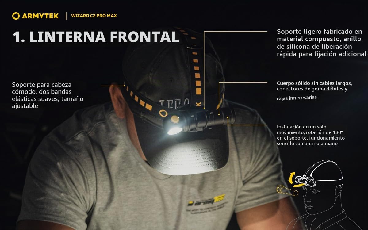 Armytek Wizard C2 Pro Max Linterna frontal LED (3720 lúmenes, luz cálida, recargable por USB)