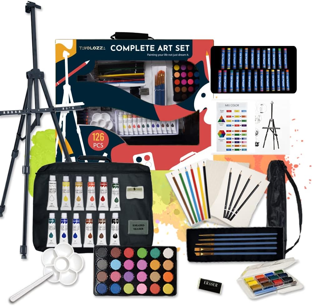 Tavolozza 126 Piece Deluxer Artist Painting Set with Floor Easel, Arcylic and Watercolor Paint Kit, Great Gift for Beginner, Student, Adults and Artists