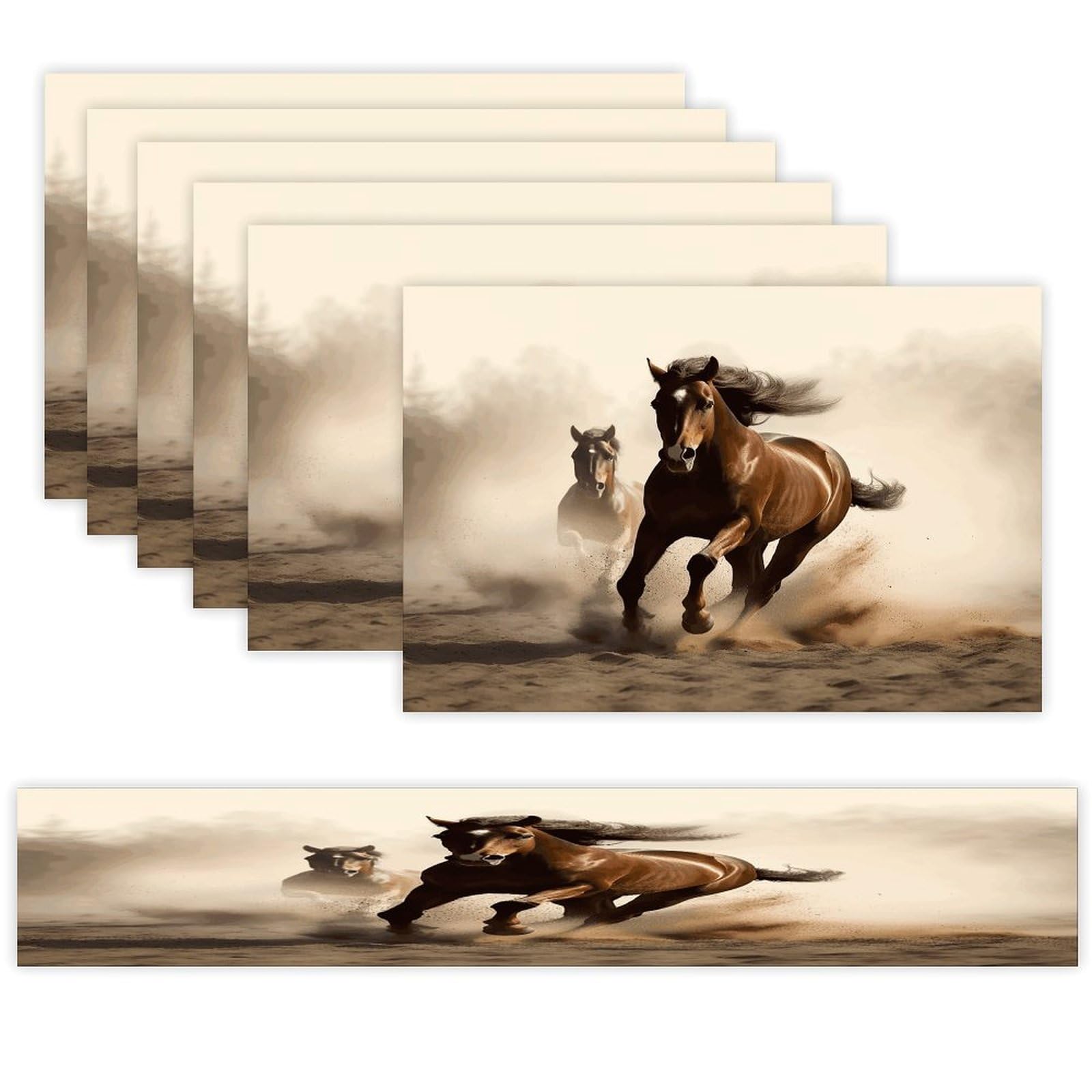 Animals Horse Running Table Runner and Placemats Set of 6 Wipe Clean Heat Resistant Table Mat with Table Runner Decorations Flax Linen Place Mat Set for Home Kitchen Party Supplies