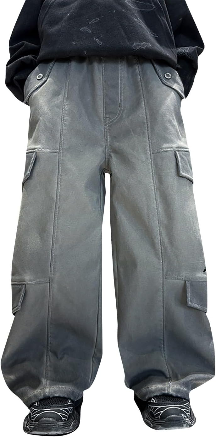 Boys Baggy Cargo Sweatpants Kids Fleece Elastic Waist Wide Leg Open Bottom Loose Sweat Pants Teen Boy School Athletic Joggers