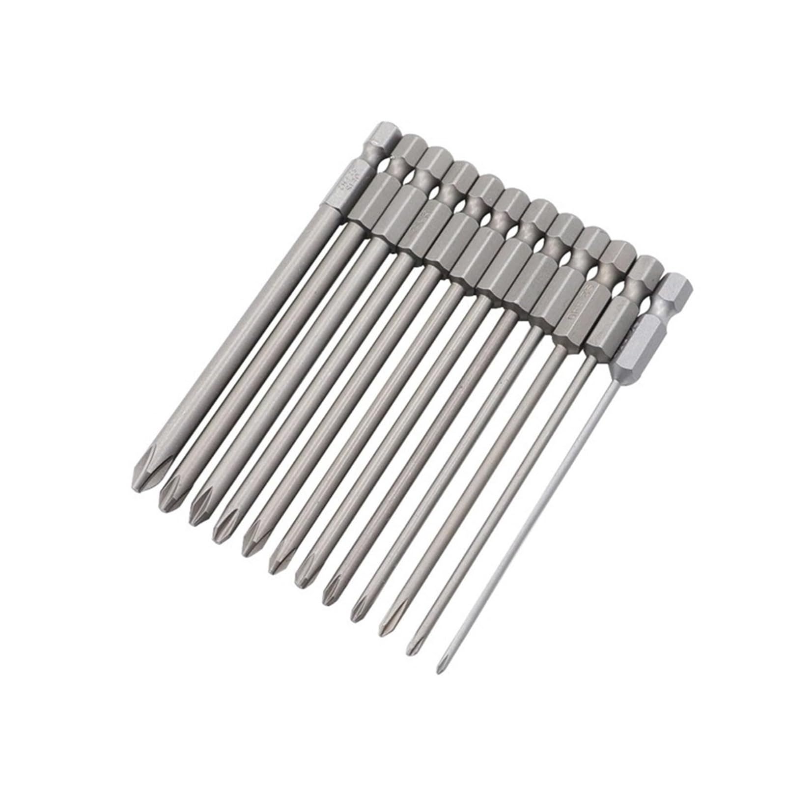 12pcs/15pcs 50mm S2 Alloy Steel Magnetic Phillips Screwdriver Bits PH0/PH1/PH2, 1/4" Hex Shank(100mm 12pcs)
