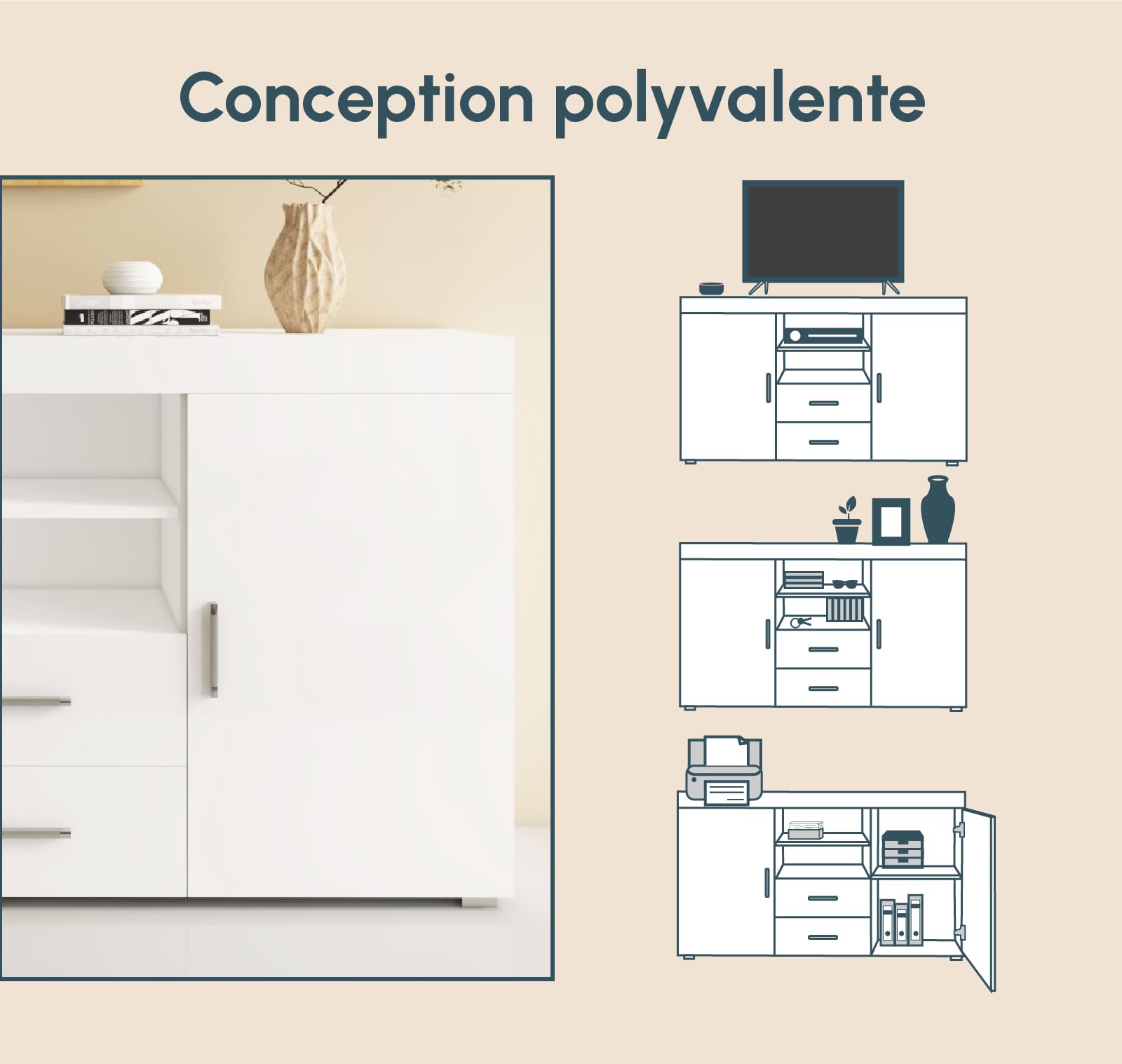 MB Muebles Bonitos, Credenza Stile Moderno Roque, Melamina Lucida, Bianco, 140x80x40cm