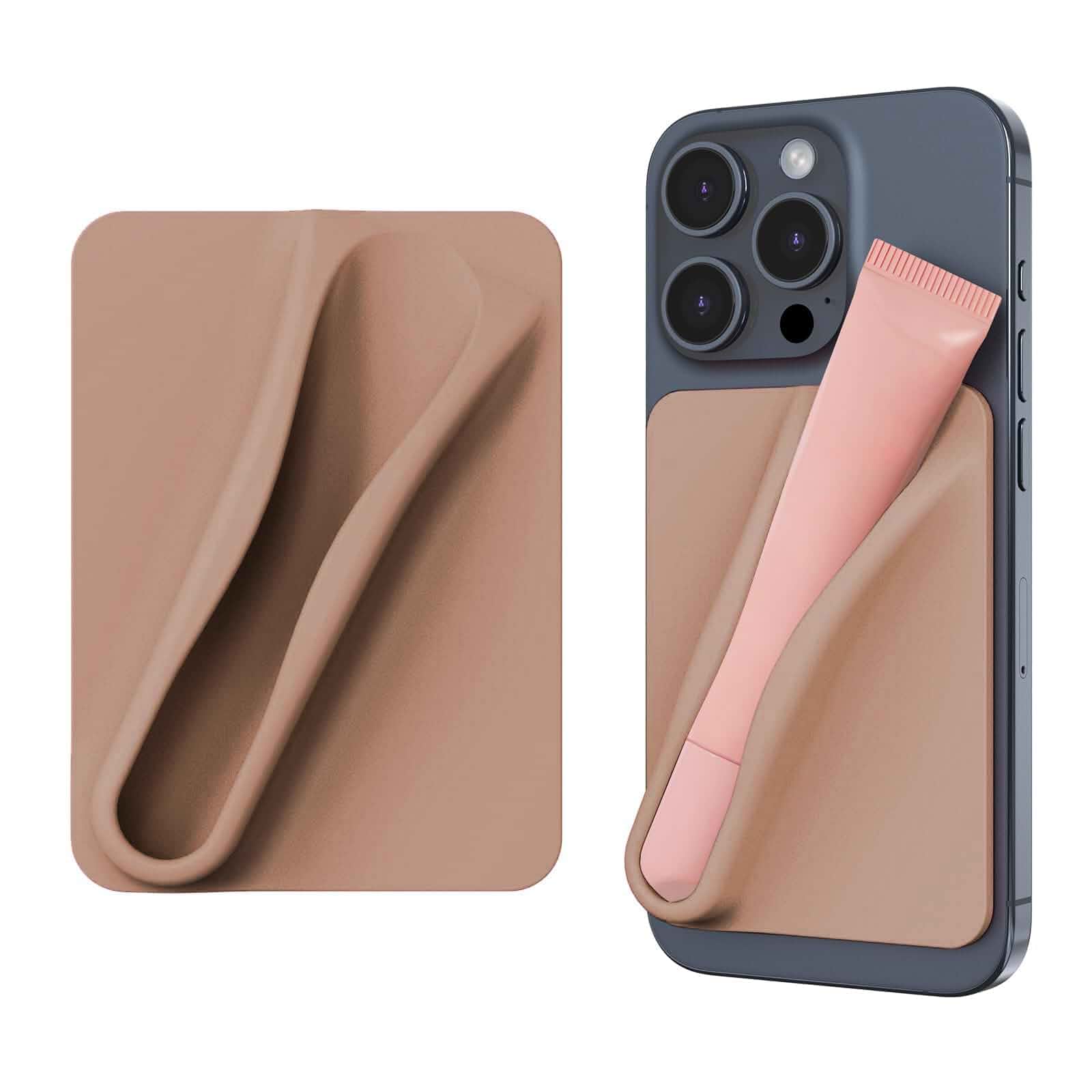 DOB SECHS Silicone Lip Holder for Cell Phone Lipstick Lip Glaze Phone Case Adhesive Back Stick On Holder for iPhone and Android Smartphone, Khaki