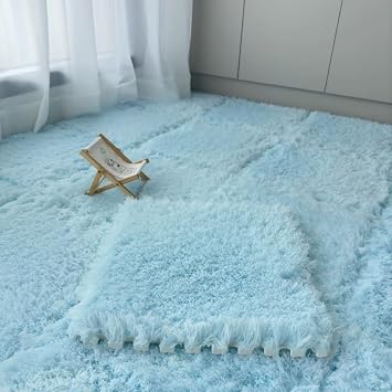 12 Pcs Plush Interlocking Carpet Tiles, Soft Fluffy Interlocking Square Foam Area Rugs Protective Floor Carpet Play Mat for Living Room & Bedroom Playroom Blue