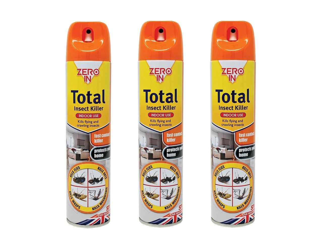 Zero In Total Indoor Insect Killer – Knockdown Action for Indoor Flying & Crawling Insects – Low Odour, Stain-Free Bug Spray - Suitable for Home Use - 300ml X3 Pack