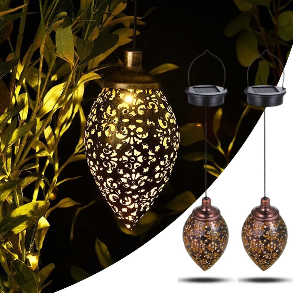RNPKZ 2PCS Solar Lantern Lights, Hanging Solar Lights Outdoor Garden Lantern, Vintage Metal Lamp Outdoor Decorations, IP65 Waterproof, Hanging Solar Lights for Weddings, Porch, Patio, Yard, Lawn, Tree