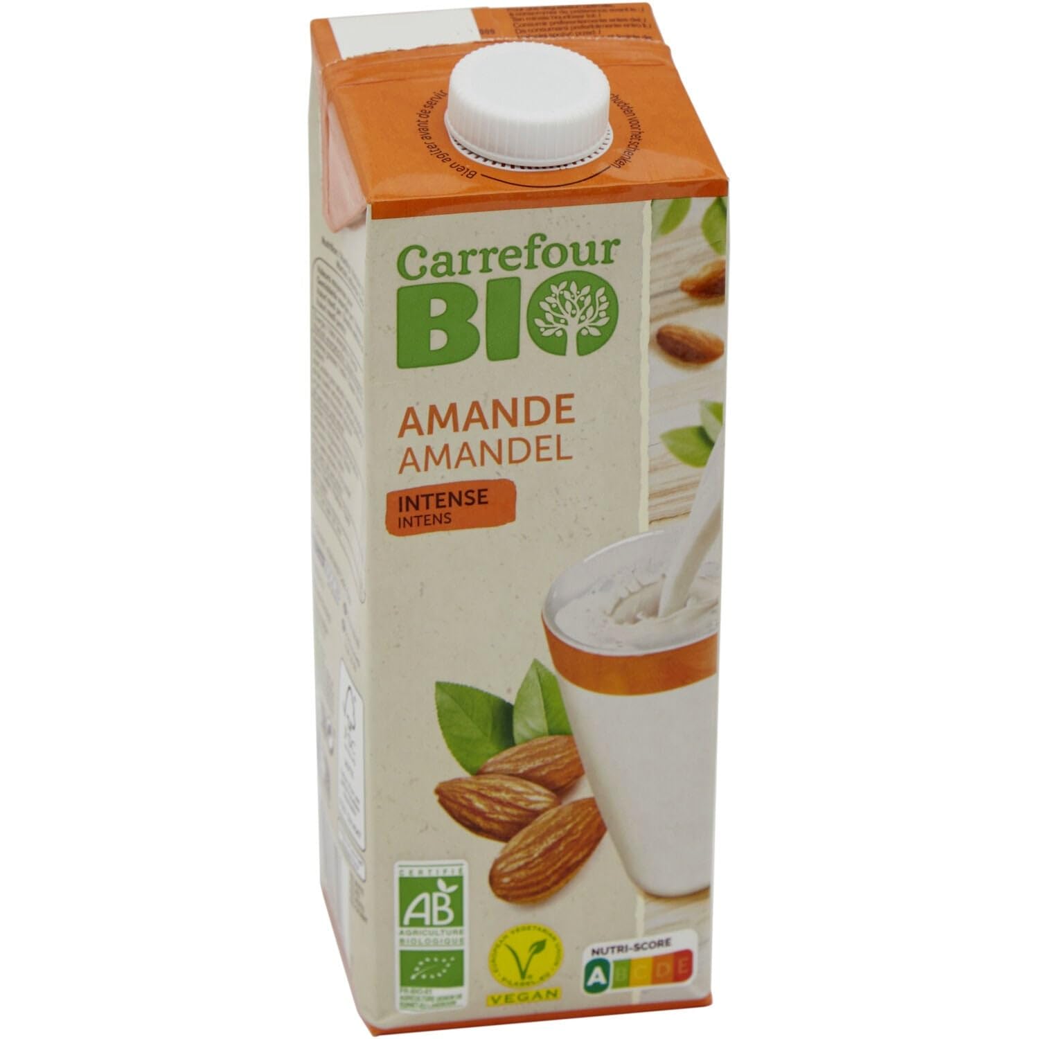 CARREFOUR BIO Boisson Végétale Amande Intense Bio - Format 1L en Brique Carton avec Bouchon Vissé - Sans Lait, Vegan et Nutri-Score A - Lot de 4