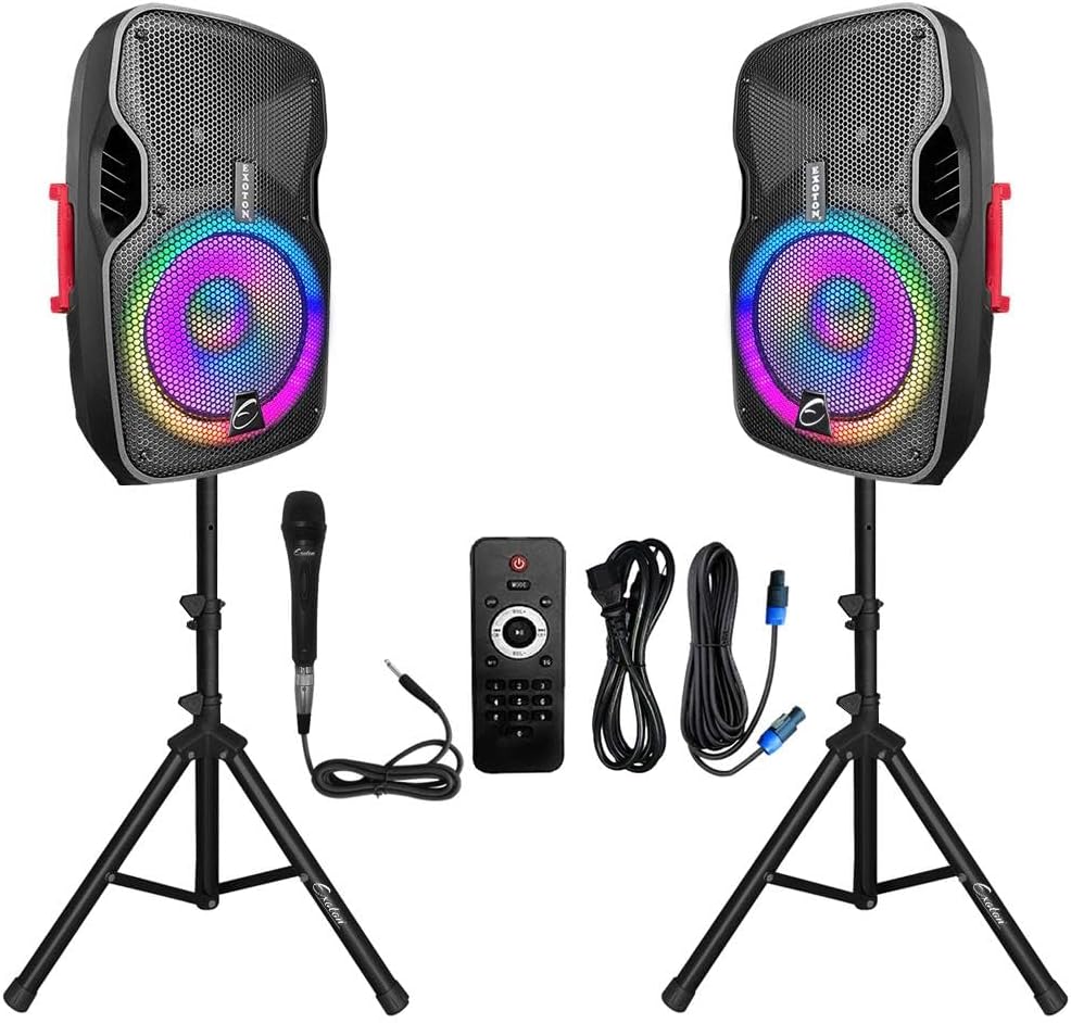 EXOTON EX-15A 15 inch Professional Dual Powered PA Speakers, 1200 Watts Active&Passive Loudspeakers, PA System Combo Set with Microphone/Tripods/Remote Control/Bluetooth/USB/LED Light, Indoor&Outdoor