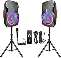 EXOTON EX-15A 15" Dual Powered PA Speakers 1200W Peak - Bluetooth, Mic, Tripods, Remote, LED Lights for Parties & Events