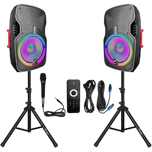 EXOTON EX-15A 15 inch Professional Dual Powered PA Speakers, 1200 Watts Active&Passive Loudspeakers, PA System Combo Set with Microphone/Tripods/Remote Control/Bluetooth/USB/LED Light, Indoor&Outdoor