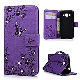 Galaxy J3 Case, Galaxy Express Prime Case, Amp Prime Case, Luxury 3D Handmade Bling Crystal Rhinestone Embossed Butterfly PU Leather Folio Flip Stand Card ID Holders Wallet Cover YOKIRIN, Purple