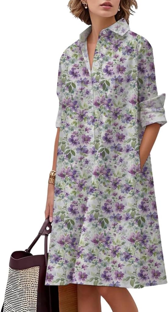 Shirt Dresses for Women 2025 Knee Length V Neck Boho Floral Printed Loose Work Button-Down Tunic Dress