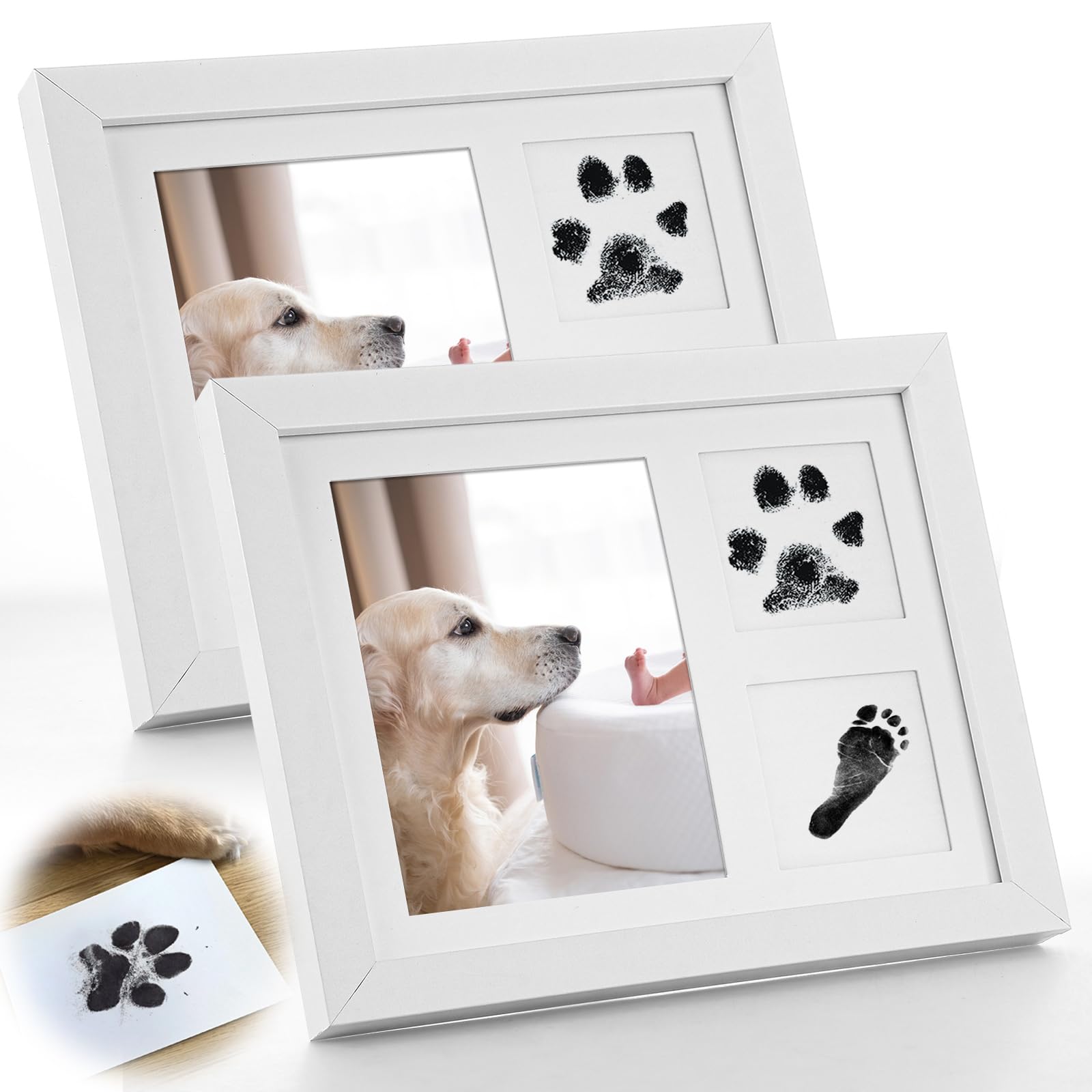 YAYODS 2 Pack Paw Print Kit for Dogs and Cats, Inkless Paw Print Kit with 2 White Photo Frames (27.9x23.5cm) for Pet Keepsakes, Pet Memorial Frame Set