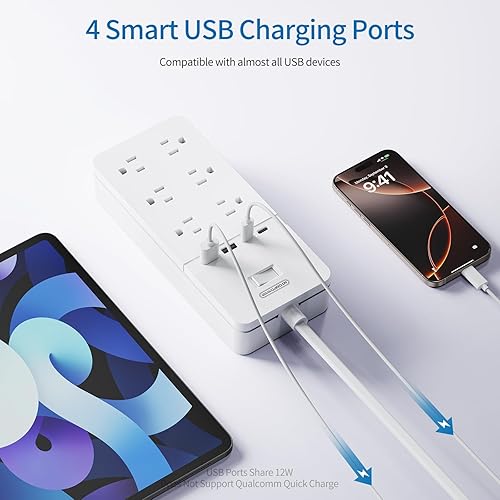 Miniatura 7 de Regleta de alimentación de 2 clavijas con cable de extensión de 10 pies, protector de sobretensiones de enchufe plano NTONPOWER con 6 tomas, 2