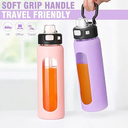 Miniatura 5 de BLUEGO Botella de agua de vidrio de 24 onzas, botella de agua motivacional con marcador de tiempo y popote, botellas de agua con tapa de bloqueo y