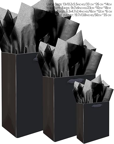 Miniatura 5 de qiqee Bolsas de regalo negras con papel de seda Mulit de varios tamaños, 24 bolsas de regalo de fiesta de cumpleaños (4 piezas grandes de 13