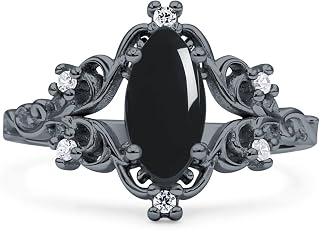 Art Deco Marquise Natural Black Onyx Filigree Floral Designer Vintage Style Wedding Engagement Ring Solid 925 Sterling Silver
