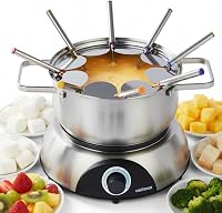 CUSIMAX 1500W Electric Fondue Pot Set - 1.4Qt Stainless Steel with Luminous Dial & 8 Color-Coded Forks for Chocolate, Cheese, Broth, Oil