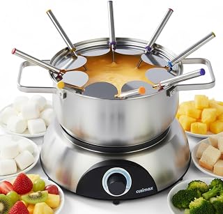 CUSIMAX 1500W Electric Fondue Pot Set - 1.4Qt Stainless Steel with Luminous Dial & 8 Color-Coded Forks for Chocolate, Cheese, Broth, Oil
