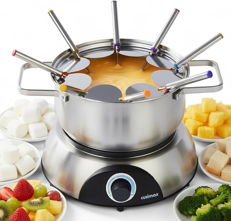 Juego de Fondue Eléctrica CUSIMAX, 1500W, 1.4 Cuartos, Acero Inoxidable | Olla de Fondue Eléctrica con Dial de Control Luminoso, Horquillas de Acero Inoxidable Codificadas por 8 Colores, Para Chocolate, Queso, Caldo, Aceite