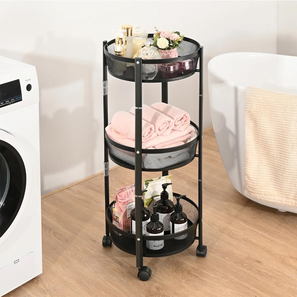 BAKAJI Carrello Pieghevole Salvaspazio Tondo a 3 Ripiani in Metallo, Carrellino Richiudibile Ergonomico Rotondo, Organizer 88 x 35 cm Ideale per Bagno, Cucina, Ufficio con 4 Ruote (Nero)