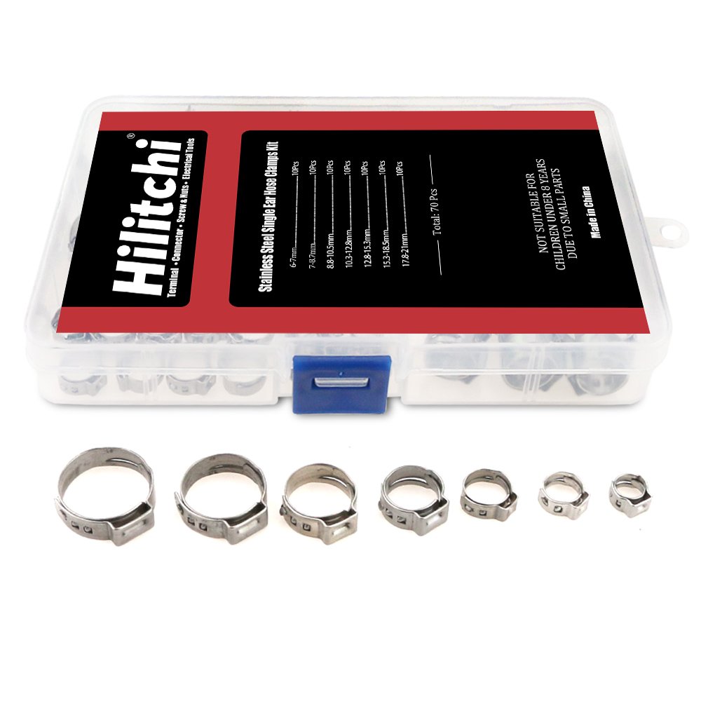 70Pcs Single Ear Stepless Hose Clamps Stainless Steel Cinch Clamp Rings Hose Clamps Kit for Tubing Pipes with Storage Box