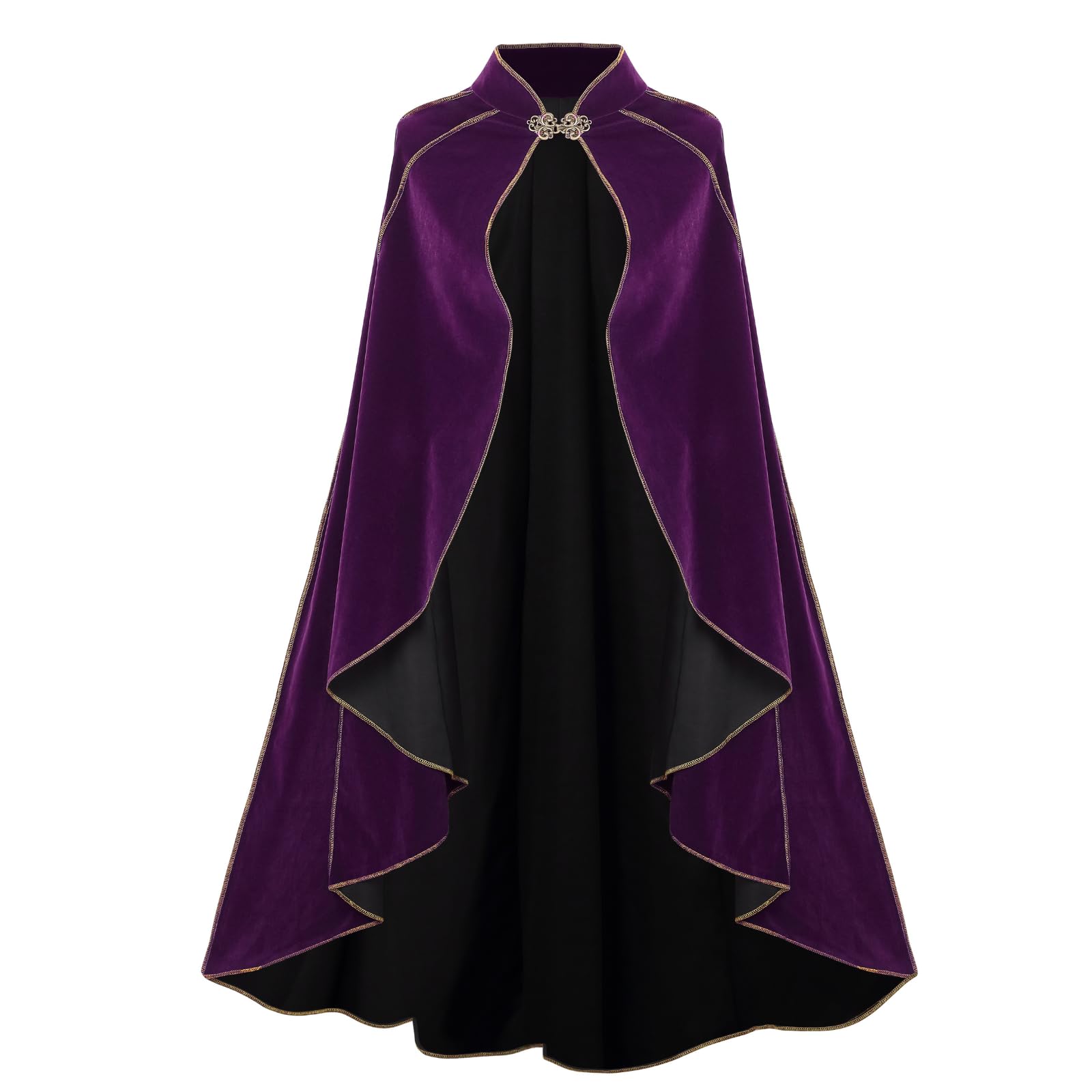 RRCBMD Womens Medieval Cloak Renaissance Victorian Deluxe Stand Collar Velvet Gold Trim Purple Cape for Adult Halloween Cosplay Dress Up 43.3Inch
